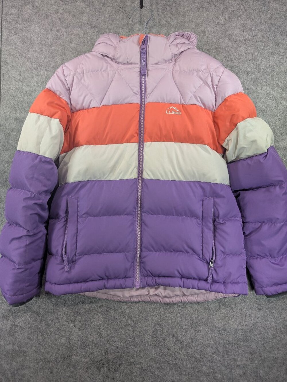 L.L. Bean Kids Colorblock DownTek Puffer Jacket Purple Orange Hooded